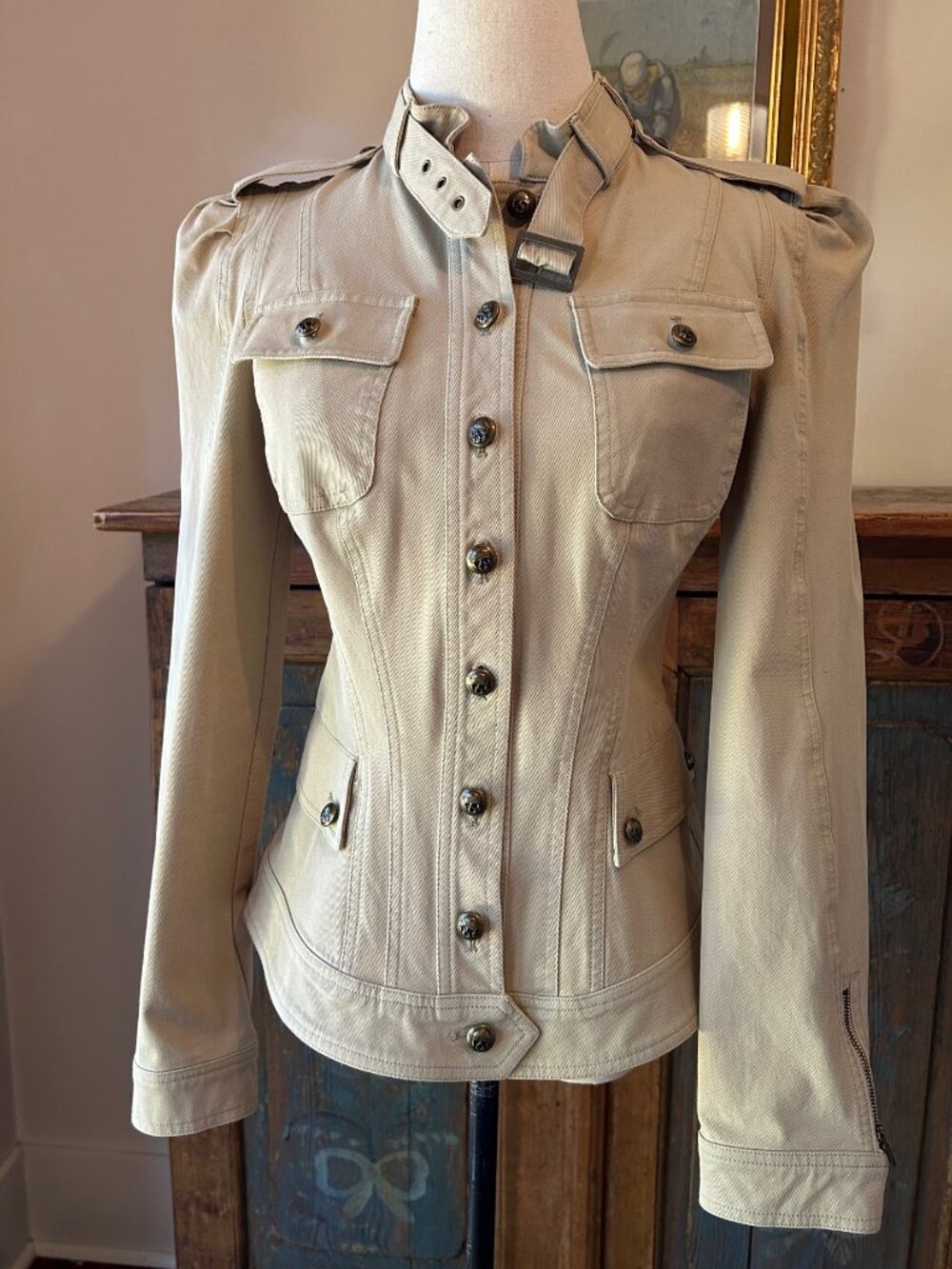 Vintage Betsey Johnson Khaki Skull Buttons Jean Jacket